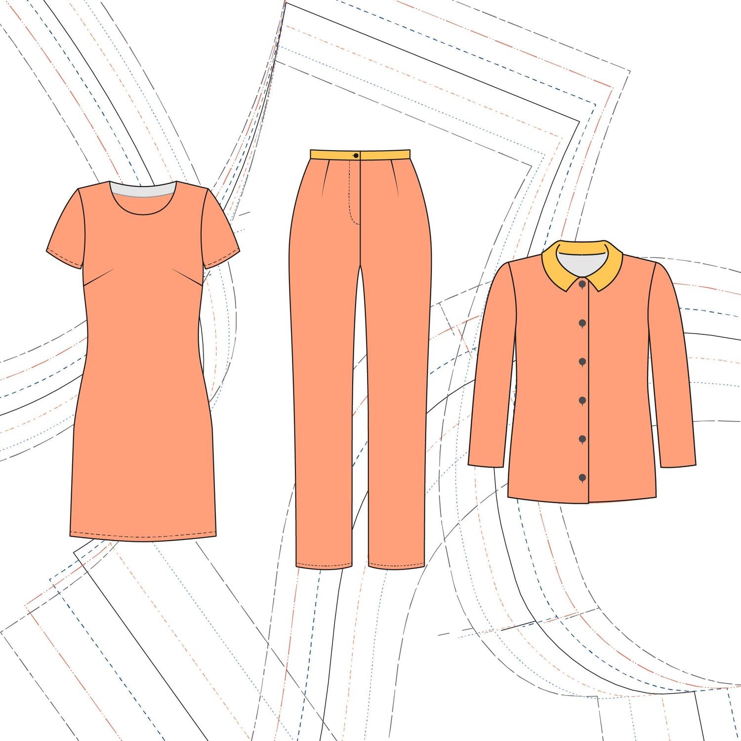 Technische Zeichnungen von Basic-Schnittmustern: figurbetontes Kleid mit kurzen Ärmeln, gerade geschnittene Hose und taillierte Jacke mit Kragen – auf einem Hintergrund aus stilisierten Schnittlinien in verschiedenen Farben.